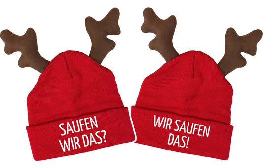 RENTIER STRICKMÜTZE SAUFEN WIR DAS | WIR SAUFEN DAS HÜBSCH DUO STATEMENT BEANIE ELCH MÜTZE MIT SPRUCH