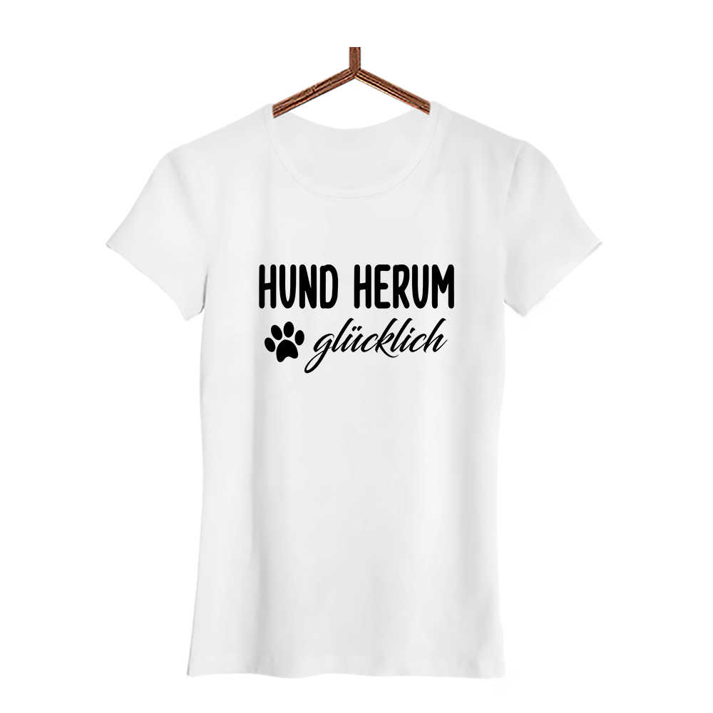 Damen T-Shirt Hund herum glücklich